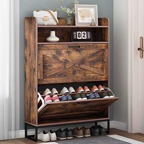 Auromie Shoe Cabinet, Shoe Storage Cabinet with 2 Tipping Bucket Drawers, Entryway Shoe Rack with Storage Cubby, Narrow Slim Shoe Organizer (Brown)