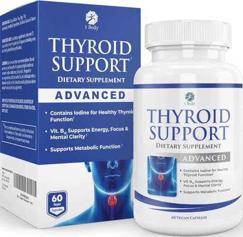 1 Body Thyroid Support Supplement with Iodine - Energy & Focus Support Formula - Vegetarian & Non-GMO - Vitamin B12 Complex, Zinc, Selenium, Ashwagandha, Copper & More 30 Day Supply