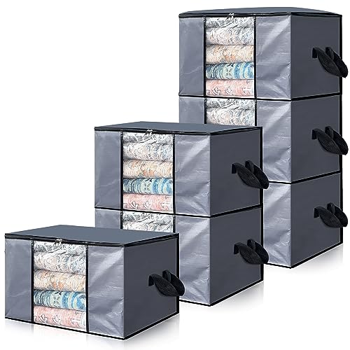 Cosy Family 90L Durable Storage Clothing Bags - Storage Containers Clothes Organizer with Reinforced Handle Sturdy Woven Fabric for Blankets, Bedding, Collapsible with Zipper, 6 Pack, Grey