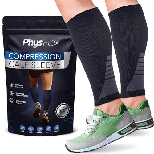 Calf Compression Sleeves for Men and Women - (1 Pair) Footless Compression Socks Support for Varicose Vein, Nursing, Pregnancy, Running - PhysFlex Leg Sleeve Brace for Shin Splints, Pain Relief and Reduces Swelling (Black, Medium)