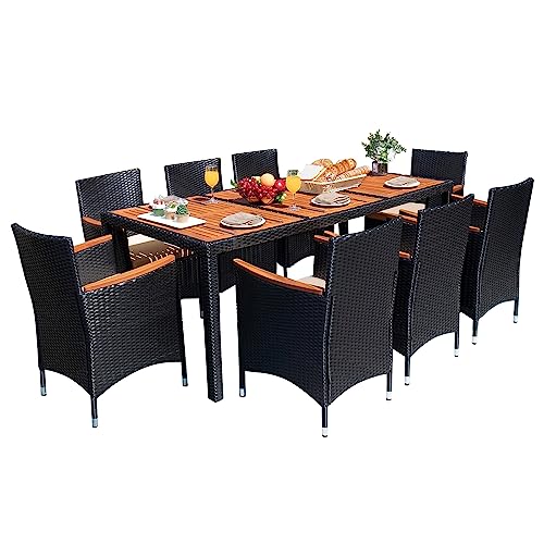 Devoko Outdoor Patio Dining Sets 9 Pieces Wicker Outdoor Dining Table and Chairs Set with Acacia Wood Table Top and Widened Armrests for Backyard, Garden, Deck (Black)