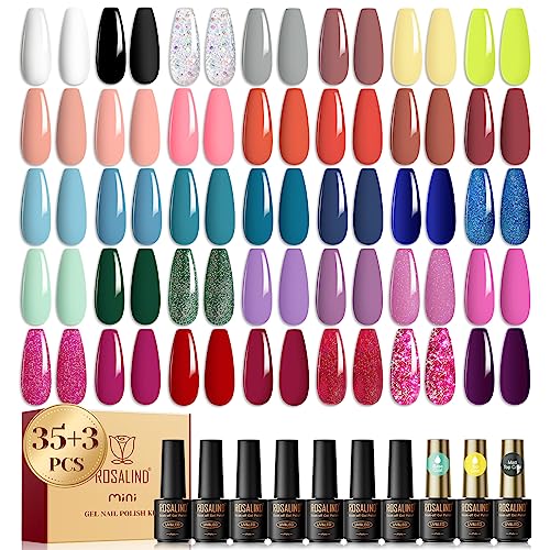 ROSALIND 38PCS Gel Polish Set, 35 Colors Gel Nail Polish Set with Base Coat and Glossy & Matte Gel Top Coat Gel Nail Polish Starter Set White Black Yellow Pink Red Nude Blue Gel Nail Gifts for Women