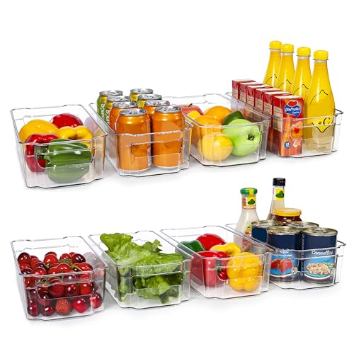 HOOJO Refrigerator Organizer Bins - 8pcs Clear Plastic Bins For Fridge, Freezer, Kitchen Cabinet, Pantry Organization, BPA Free Fridge Organizer, 12.5