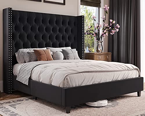 Jocisland King Upholstered Bed Frame with Tall Headboard Wingback Platform Bed Tufted Deep Button Velvet/No Box Spring Needed/Easy Assembly/Black