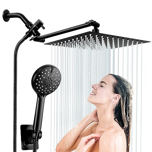 Showerhead With Handheld Sprayer, HyBaiS Handheld Shower Head, 10in Black Waterfall Showerhead,Outdoor Rain Setting Shower Heads Combo,Pressure Boosting Shower Head For Home, Bathroom, Tub -Black