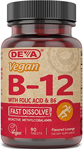 DEVA Vegan Vitamin B12 Fast Dissolve Supplement - Once-Per-Day Complex with 1000 Mcg Methylcobalamin B12, Folic Acid, B6 - Lemon Flavor - 90 Dissolvable Tablets,