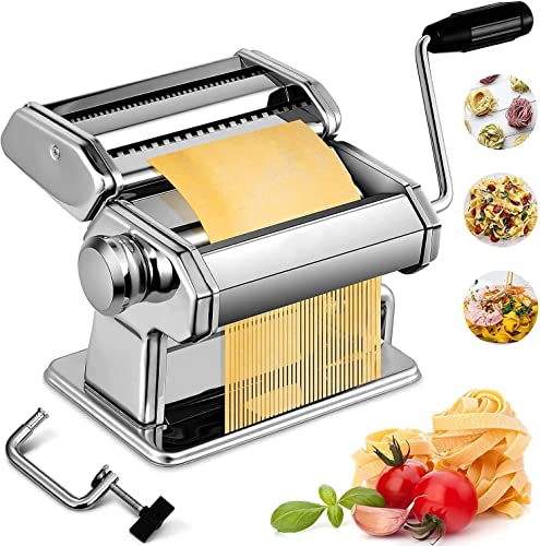 Pasta Maker Machine, Homemade Stainless Steel Manual Roller Pasta Maker With Adjustable Thickness Settings Sturdy Noodles Cutter for Spaghetti, Fettuccini, Lasagna or Dumpling Skins (sliver)