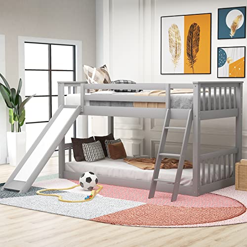 Lostcat Twin Over Twin Bunk Bed with Slide and Ladder, Low Floor Twin Bunk Beds with Safety Guardrails,No Box Spring Needed, Noise Free for Dorm Bedroom Kids Adults Toddler Grey