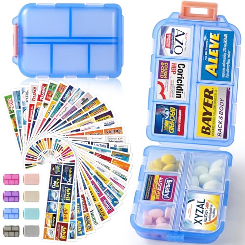 Travel Pill Organizer Box w/ 297 Brand Labels & 28 White Labels - Small Pill Case Medicine Kit - Portable Pocket Purse Pharmacy - Daily Weekly Vitamin Supplement Medication Holder - Translucent Blue