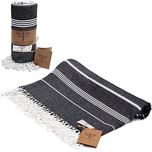 SMYRNA TURKISH COTTON Classical Series Turkish Beach Towel Oversized, 37x71 inch, Extra Large Quick Dry Sand Free Beach Blanket, Lightweight Cotton Pool, Spa, Travel, Gym, Adult Bath Towel, Black