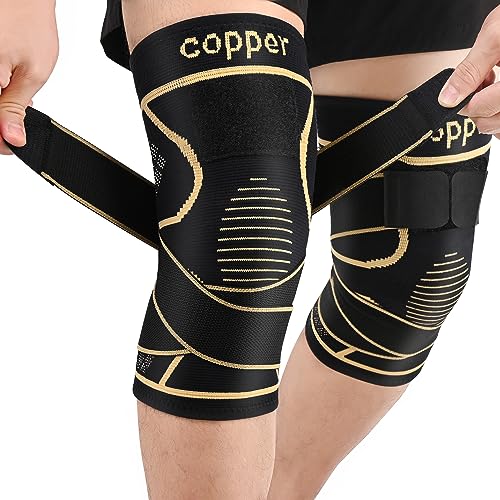 JHVW Copper Knee Braces with Strap for Knee Pain(2 pack)- Knee Compression Sleeve Support for Men & Women,Arthritis,Working Out