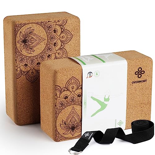 Overmont Cork Yoga Blocks 2 pack with 8ft Strap Set Natural Cork Yoga Bricks- High Density & Eco Friendly Yoga Accessories for Women - Ideal for Yoga Pilates General Fitness and Stretching 9x6x3