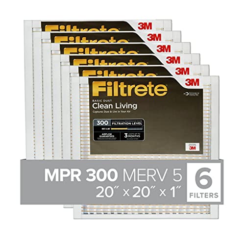 Filtrete 20x20x1 Air Filter, MPR 300, MERV 5, Clean Living Basic Dust 3-Month Pleated 1-Inch Air Filters, 6 Filters