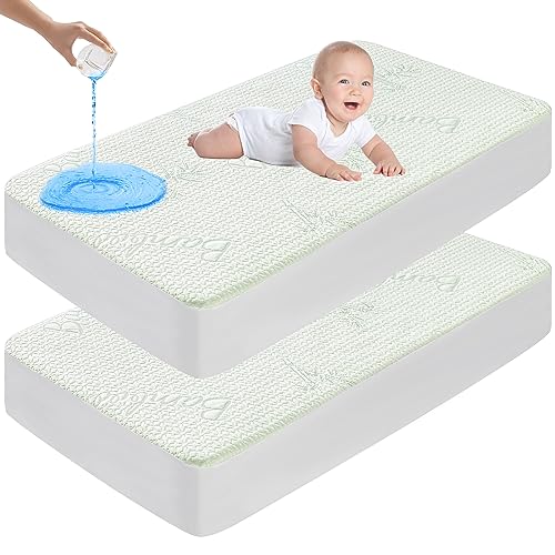 GOONIK 2 Pack Waterproof Crib Mattress Protector, Bamboo Viscose Breathable Crib Mattress Pad Cover for Baby Mattress with 4-13 inches Deep Pocket