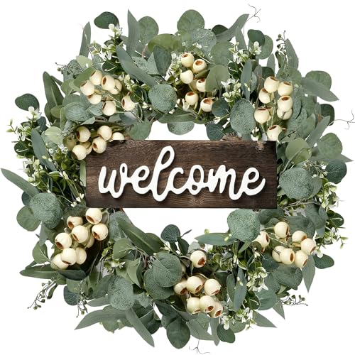 Sggvecsy Green Artificial Eucalyptus Wreath with Welcome Sign 20in Spring Summer Wreath with White Berries for Front Door Wall Window Festival Porch Farmhouse Patio Garden Decor