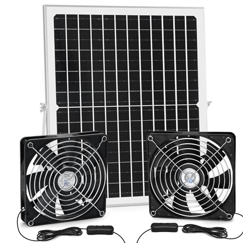 blessny Solar Dual Fan Kit for Intake or Exhaust air, 25W Solar Panel Powered Fan for Chicken Coop, Greenhouse, 5.5 in Bigger Fans with 15 ft Cord, IP67 Waterproof, 3500RPM