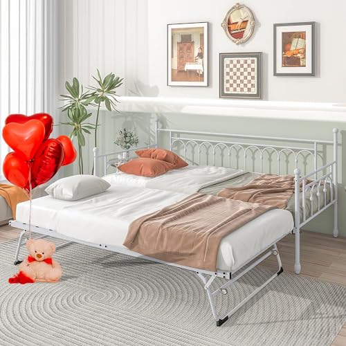 Kuurfuurdo Twin Daybed with Trundle, Metal Daybed with Pop Up Trundle, Day Bed with Trundle Bed Twin, Steel Slat Support Sofa Bed for Kids Teens Adults Living Room, No Box Spring Needed