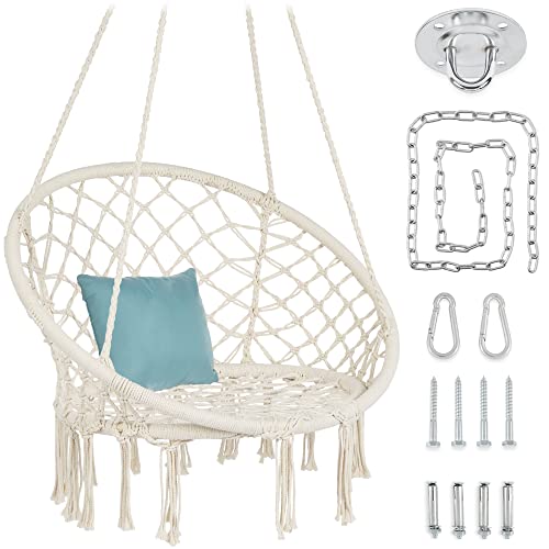 Best Choice Products Macramé Hanging Chair, Handwoven Cotton Hammock Swing for Indoor & Outdoor Use w/Mounting Hardware, Backrest, 265lb Capacity - Beige