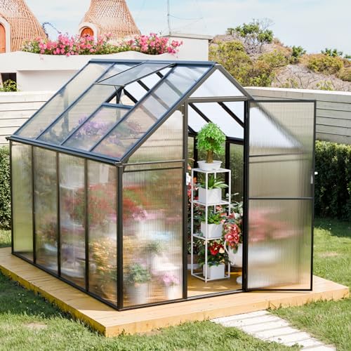 Polycarbonate Greenhouse, 8x6 ft Easy Assembly Greenhouses for Outdoors, Durable Green House Kit with Window, Swing Door, Twin-Wall Panels, Heavy Duty Walk in Green Houses for Backyard Outside Garden