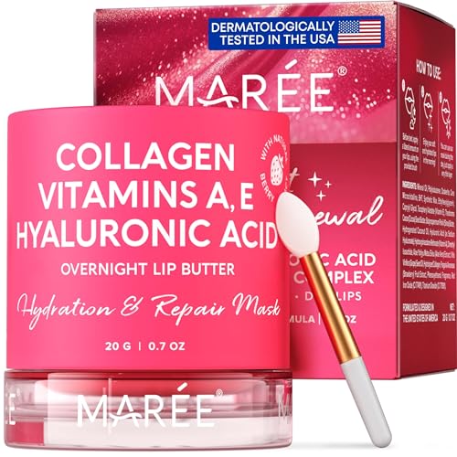 MAREE Lip Mask with Hyaluronic Acid & Coconut Oil - Overnight Collagen Lip Butter to Nourish & Hydrate Dry Cracked Lips - Moisturizer for Skin Care with Shea & Cocoa Butter - Sleeping Lip Butter Balm