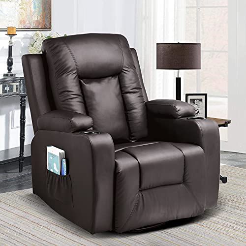 COMHOMA PU Leather Recliner Chair Modern Rocker with Heated Massage Ergonomic Lounge 360 Degree Swivel Single Sofa Seat with Drink Holders Living Room Chair (Brown)