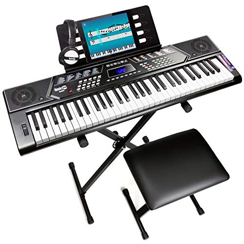 RockJam 61 Key Keyboard Piano Stand With Pitch Bend Kit, Piano Bench, Headphones, Simply Piano App & Keynote Stickers