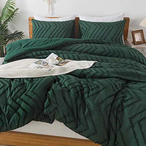 Litanika Comforter King Size Set Dark Emerald Green, 3 Pieces Chevron Tufted Vintage Solid Forest Green Bedding Comforter Sets, Fluffy Bed Set (104x90In Comforter & 2 Pillowcases)