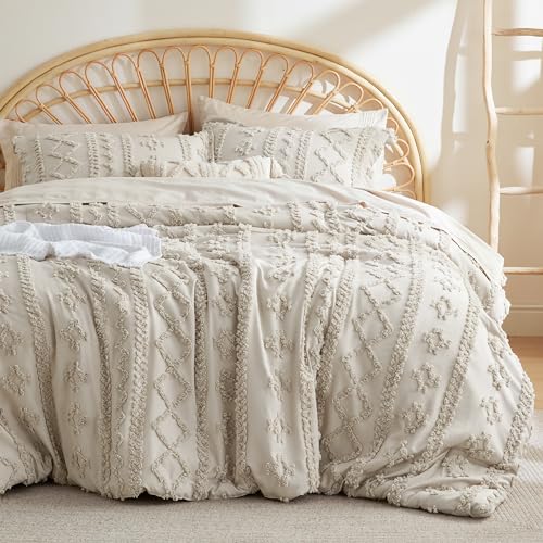 Bedsure Tufted Boho Comforter Set Queen - Linen Boho Bedding Comforter Set, 3 Pieces Farmhouse Shabby Chic Embroidery Bed Set, Soft Jacquard Comforter for Women Men Girls