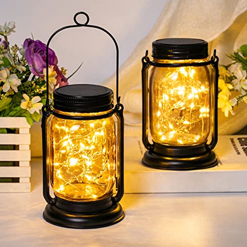 E-Kong Solar Lanterns Fairy Lights, 2 Pack Solar Mason Jar Lights, Hanging Solar Lanterns Outdoor Waterproof, Glass Jar Starry Fairy Light with 30 LEDs for Garden Patio Party Xmas Holiday (Warm White)