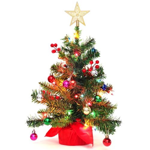 Mini Small Little Tabletop Prelit Christmas Tree 22 Inch Decorated with Ornaments 35 Multi-Colored Lights Artificial Green Tree CASA CLAUSI