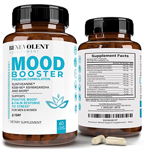 Calm Mood Booster Supplement - Natural Happy Pills for Stress, Sleep & Mood Support - Patented KSM-66® Ashwagandha & Suntheanine® L-Theanine, Rhodiola Rosea, Magnesium & More - 60 Veggie Capsules