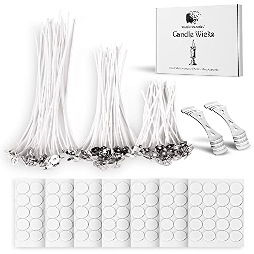 Mindful Memories Candle Wicks 90 Pcs (4 inch, 6 inch, 8 inch) with 2 Candle Wick Holders & 90 Glue Dots, Long Lasting Pre-Waxed & Tabbed Cotton Threads with No Black Smoke for Candle Making