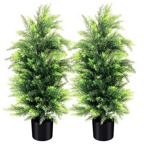 KOL 3FT 2-Pack Artificial Cedar Topiary Trees UV Resistant Potted Shrubs Fake Plants, Faux Pine Tree for Home Office Garden Front Porch Patio Indoor Outdoor Thanksgiving Christmas Decoration