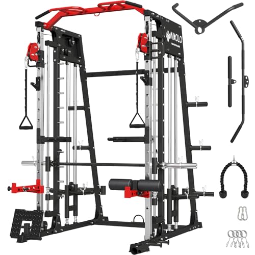 Mikolo Smith Machine, 2200lbs Squat Rack with LAT-Pull Down System & Cable Crossover Machine, Training Equipment with Leg Hold-Down Attachment