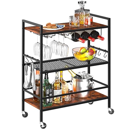 Yoobure Bar Cart with Wheels, Bar Carts for The Home, 3-Tier Rolling Kitchen Cart with Wine Rack and Glass Holder, Home Bar & Serving Carts with Hooks Wine Cart Microwave Cart for Kitchen Living Room