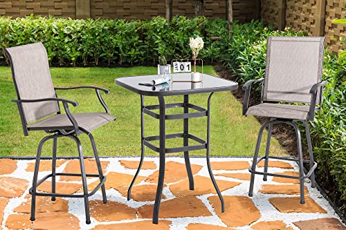 Shintenchi Patio Swivel Bar Set, All Weather Textile Fabric Outdoor High Stool Bistro Set with 2 Bar Chairs and Glass Table for Home, Backyard, Garden, Lawn, Porch (Brown), 3 Pieces