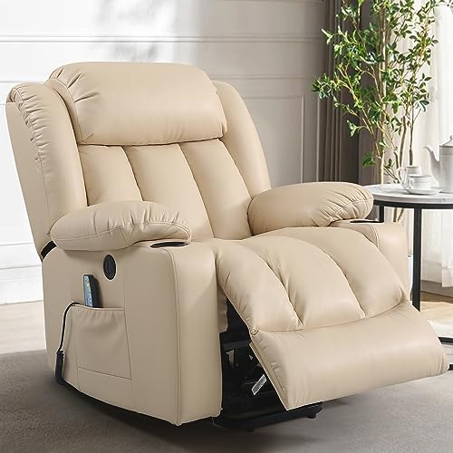 Power Lift Recliner Chair for Elderly Breathable Leather Recliner Chair with Massage and Heat for People Limited Mobility,Electric Stand Assist,2 Cup Holders,USB Ports,Gifts for Family (Beige)