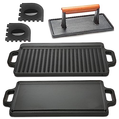 Cast Iron Griddle, Plus Cast Iron Grill Press & Pan Scrapers - Reversible Grill/Griddle for Stove top, Gas, Preseasoned & Non-Stick, measure 17 x 9 inch,