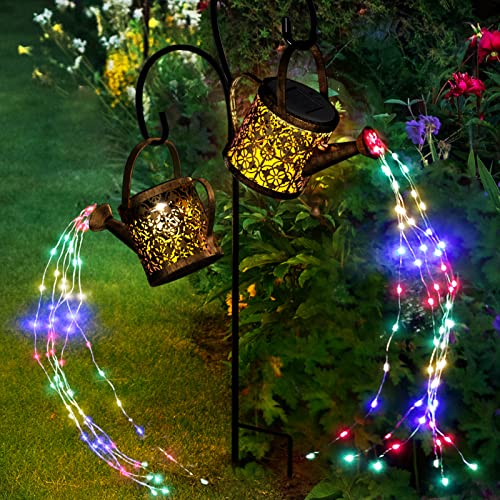 Merear Solar Watering Can Lights Outdoor with 8 Multi-Color Changing Modes, IP65 Waterproof Landscape Light Garden Decor, One Pole Two Lights Outside Decorations for Lawn, Backyard, Patio, Chrismas