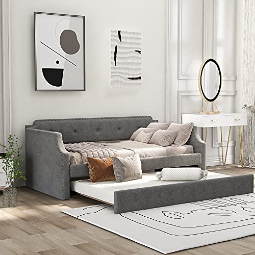 DEYOBED Twin Size Upholstered Daybed with Trundle, Wood Daybed Frame Sofa Bed for Bedroom Living Room Guest Room, Wood Slat Support, Space Saving Design, Gray