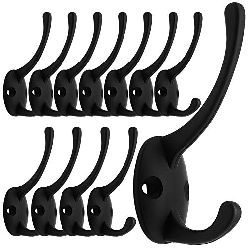 IBosins 12 Pack Black Coat Hooks Wall Mounted with 24 Screws Retro Double Hooks Utility Black Hooks for Coat, Scarf, Bag, Towel, Key, Cap, Cup, Hat