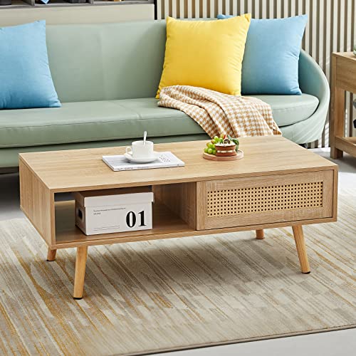 Mid Century Modern Coffee Table with Storage, 41.3 Inch Rectangle Accent Center Sofa Table with Sliding PE Rattan Woven Door Panel and Solid Wood Legs, Suitable for Living Room, Apartment