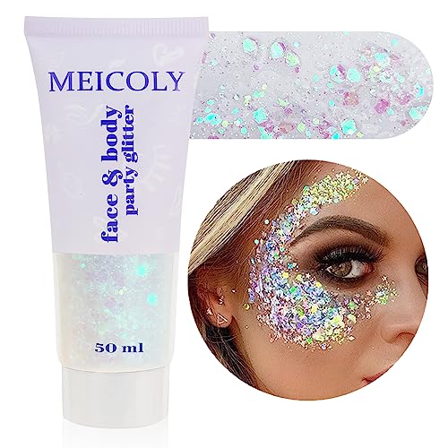 MEICOLY Clear White Body Glitter,Mardi Gras Face Glitter Singer Concerts Festival Rave Accessories,Mermaid Sequins Glitter Face Paint,Chunky Hair Sparkling Halloween Glitter Gel for Women,50ml