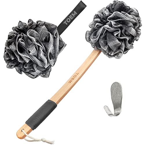 Toem Loofah Back Scrubber for Shower | Bamboo Charcoal Fiber Infused | Loufas for Men & Women | Includes 1 Long Handled Shower Sponge, 1 Bath & Shower Luffa Pouf & 1 Hook to Hang Stuff (Slate Grey)