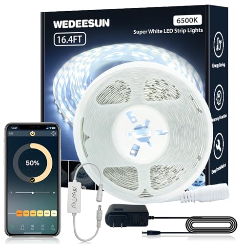 WEDEESUN White LED Strip Lights Music Sync 16.4ft 6500K Super Bright LED Light Strip Daylight White 300 LEDs Flexible Dimmable Led Lights for Bedroom, Vanity Mirror, Kitchen and Bedroom Room Décor