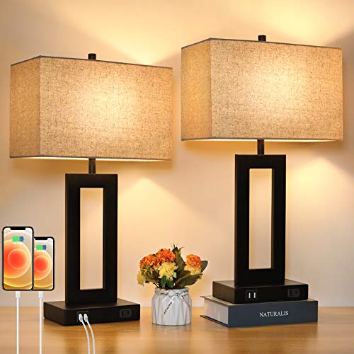 Set of 2 Touch Control Table Lamp with 2 USB Ports, 3-Way Dimmable Modern Nightstand Lamp Sets Bedside Touch Desk Lamp with Fabric Cream Shade For Bedroom Table Living Room Reading, Included Bulbs