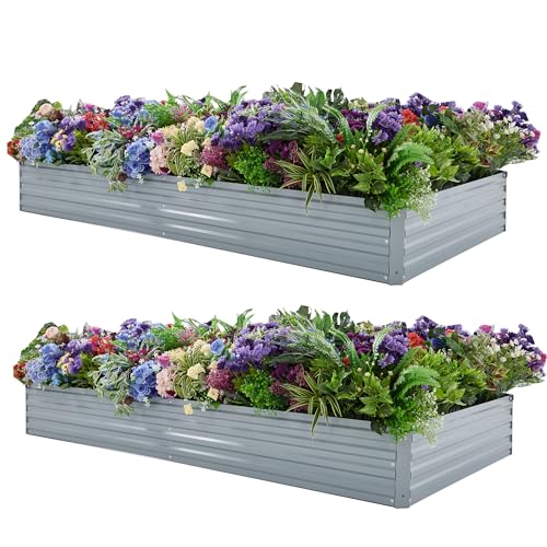Foxlang 8x4x1ft(2 Pack) Galvanized Raised Garden Bed,Outdoor Planter Box Metal Patio Kit Planting Bed for Vegetables Flowers Herb,Grey