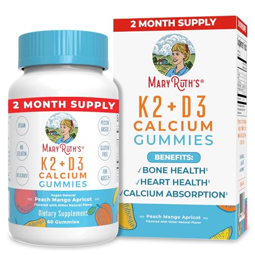 MaryRuth Organics Calcium with Vitamin D & Vitamin K2, 2 Month Supply, Calcium Supplement Supports Bone Health & Joint Support, with Vitamins D3 K2 Gummies, Vegan, Non-GMO, Gluten Free, 60 Count