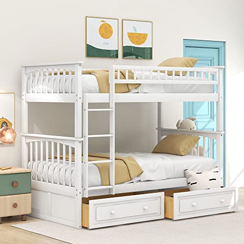 Harper & Bright Convertible Wood Bunk Bed with Storage Drawers and Ladder - Can Be Divided Into Two Daybeds (White)