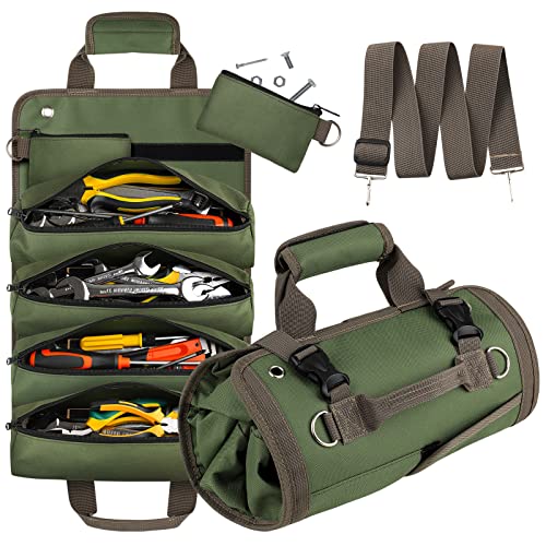 UUP Tool Bag Roll Up, Heavy Duty Tool Organizer for Men Women, Portable Tool Storage Box with 2 Detachable Zipper Pouch, Compact Small Carrier Bag for Electrician Mechanic, Father Day Dad Gifts, Green